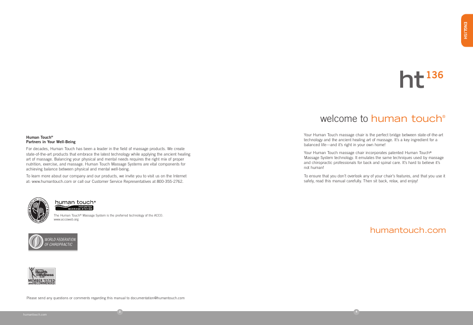 Welcome to human touch | Human Touch HT-136 Massage Chair User Manual | Page 2 / 24