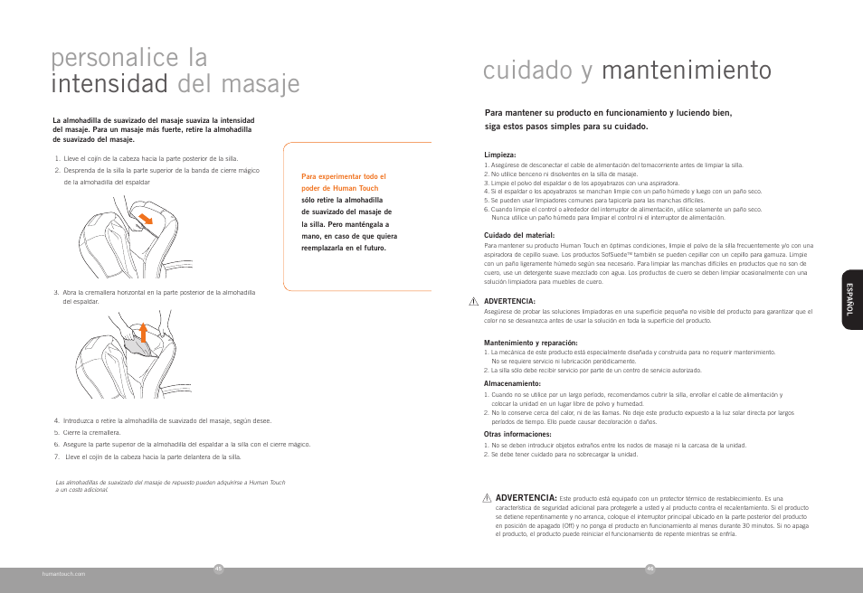 Personalice la intensidad del masaje, Cuidado y mantenimiento | Human Touch HT-136 Massage Chair User Manual | Page 23 / 24