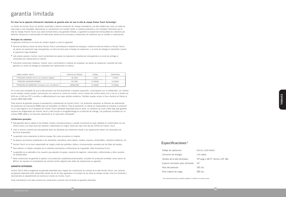 Garantía limitada, Especiﬁ caciones | Human Touch HT-136 Massage Chair User Manual | Page 24 / 24