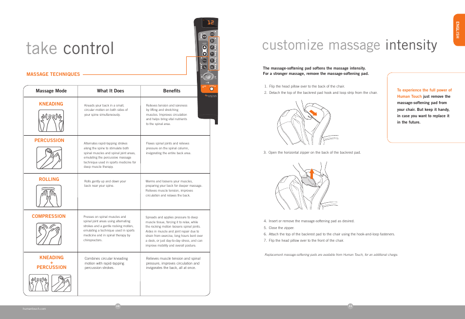 Take control, Customize massage intensity | Human Touch HT-140 Massage Chair User Manual | Page 7 / 24