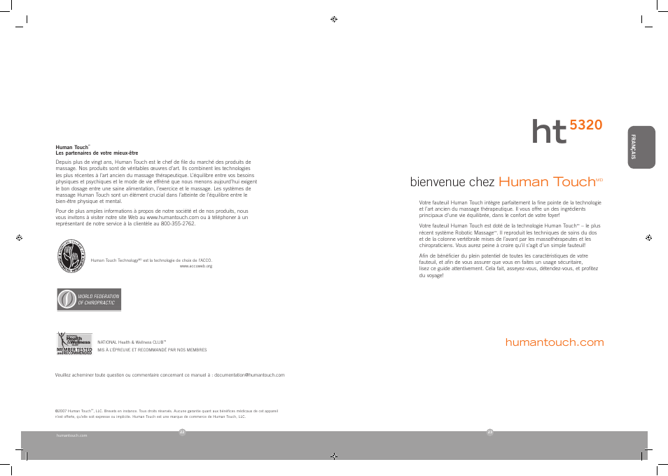 Bienvenue chez human touch | Human Touch HT-5320 Massage Chair User Manual | Page 12 / 30