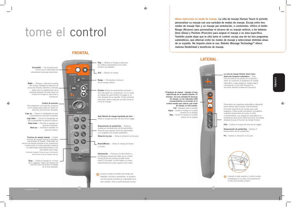 Tome el control, Lateral frontal | Human Touch HT-5320 Massage Chair User Manual | Page 27 / 30