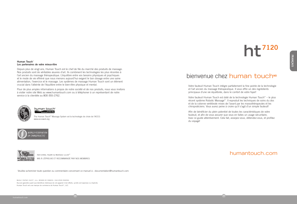 Bienvenue chez human touch | Human Touch HT-7120 Massage Chair User Manual | Page 12 / 30