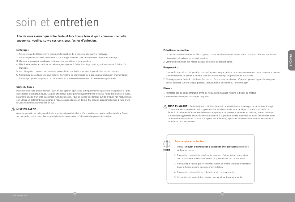 Soin et entretien | Human Touch HT-7120 Massage Chair User Manual | Page 19 / 30