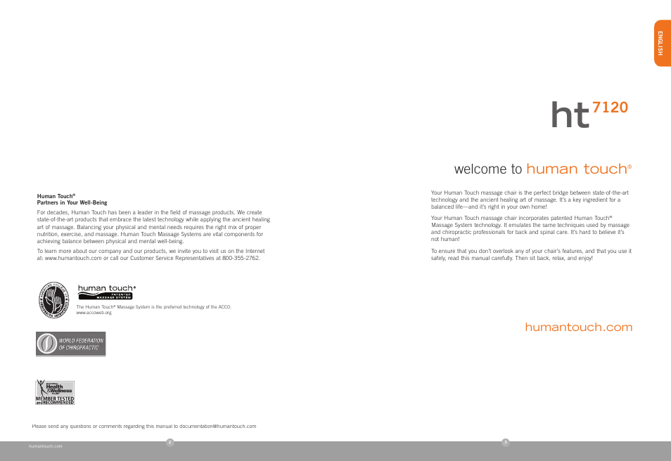 Welcome to human touch | Human Touch HT-7120 Massage Chair User Manual | Page 2 / 30