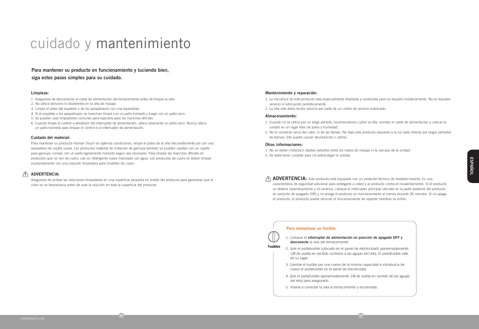 Cuidado y mantenimiento | Human Touch HT-7120 Massage Chair User Manual | Page 29 / 30