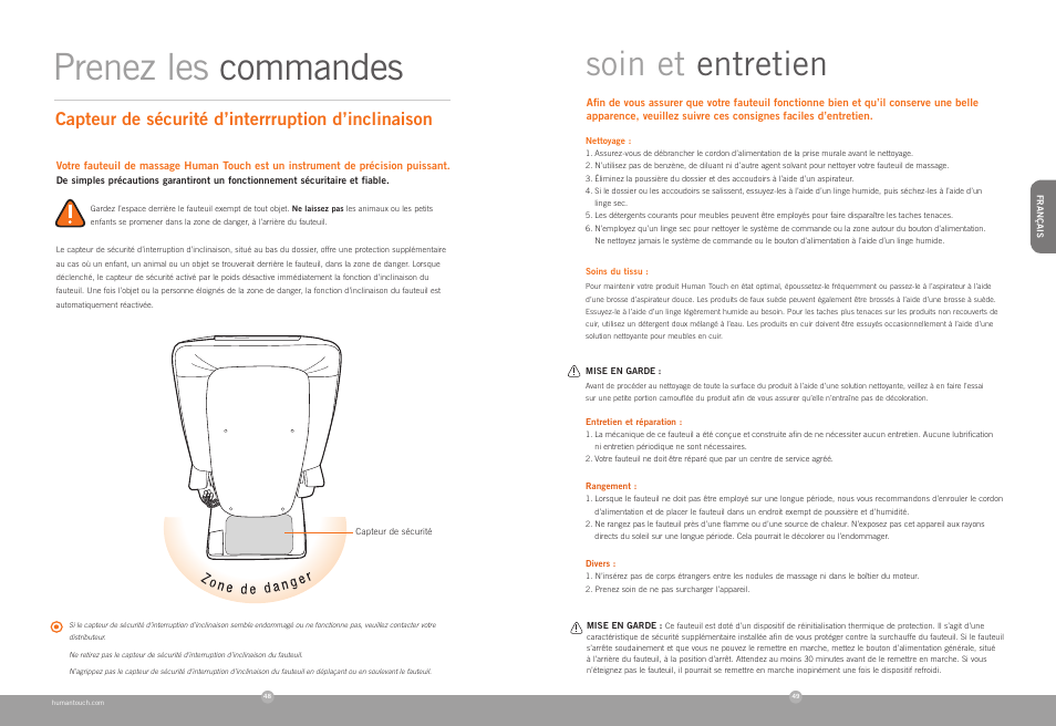 Prenez les commandes, Soin et entretien, Capteur de sécurité d’interrruption d’inclinaison | Human Touch HT-7450 Massage Chair User Manual | Page 25 / 40