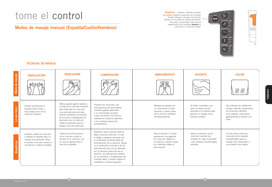 Tome el control, Modos de masaje manual (espalda/cuello/hombros) | Human Touch HT-7450 Massage Chair User Manual | Page 35 / 40