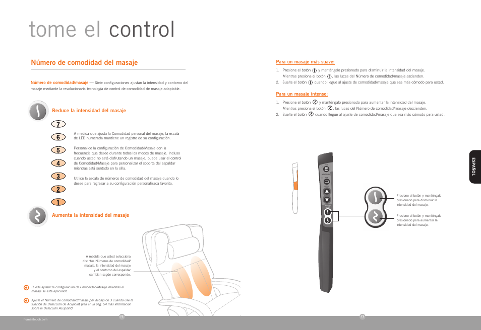 Tome el control, Número de comodidad del masaje | Human Touch HT-7450 Massage Chair User Manual | Page 37 / 40