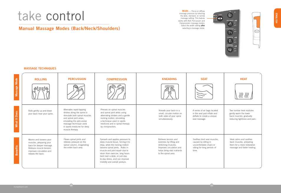 Take control, Manual massage modes (back/neck/shoulders) | Human Touch HT-7450 Massage Chair User Manual | Page 9 / 40