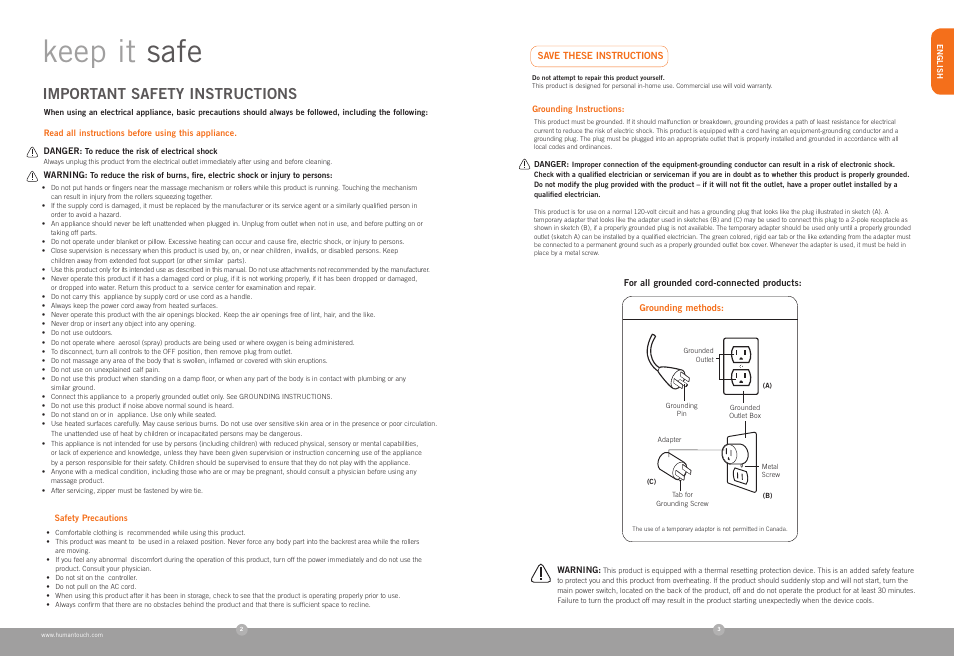 Keep it safe, Important safety instructions | Human Touch AcuTouch 9500 Massage Chair User Manual | Page 3 / 40