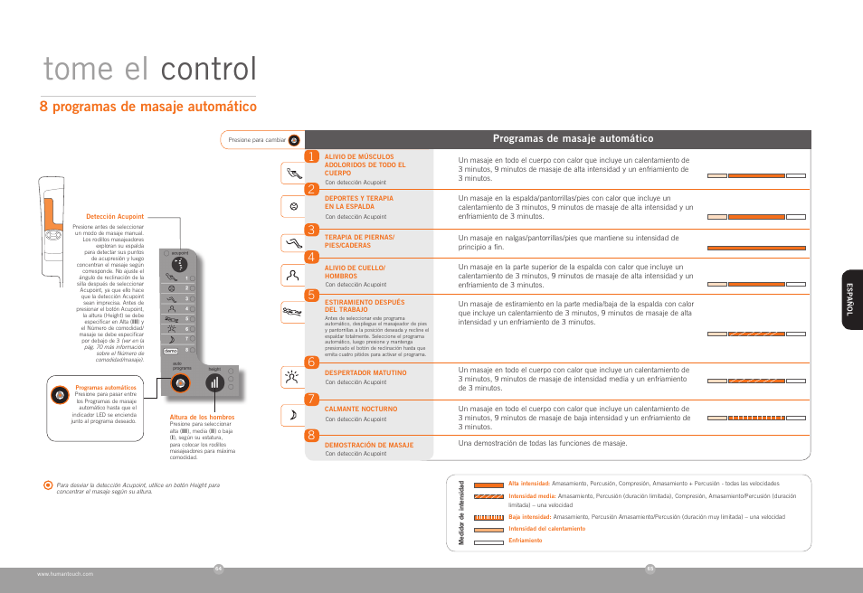 Tome el control, 8 programas de masaje automático, Programas de masaje automático | Human Touch AcuTouch 9500 Massage Chair User Manual | Page 34 / 40