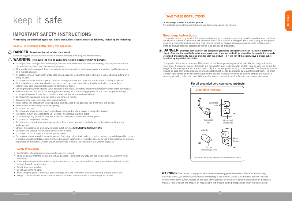 Keep it safe, Important safety instructions, Danger | Warning | Human Touch AcuTouch 6.0 Massage Chair User Manual | Page 3 / 28