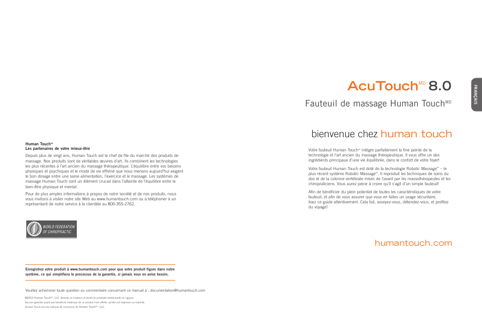 Acutouch, Bienvenue chez human touch, Fauteuil de massage human touch | Human Touch AcuTouch 8.0 Massage Chair User Manual | Page 12 / 30