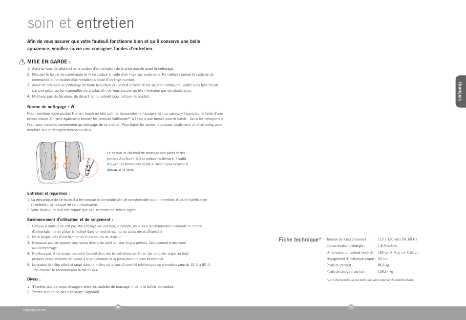 Soin et entretien | Human Touch AcuTouch 8.0 Massage Chair User Manual | Page 20 / 30