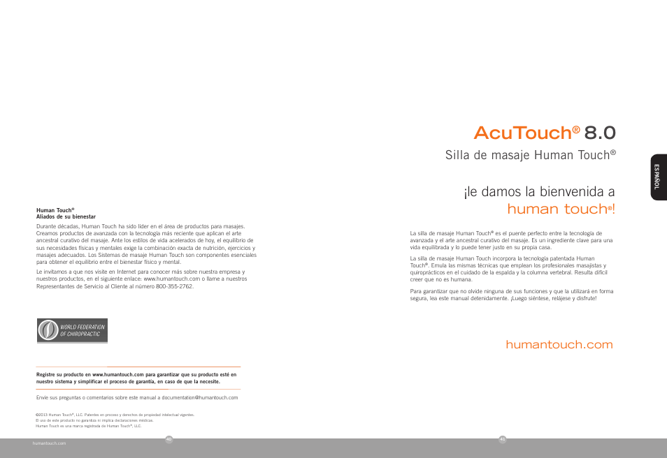 Acutouch, Human touch, Le damos la bienvenida a | Silla de masaje human touch | Human Touch AcuTouch 8.0 Massage Chair User Manual | Page 22 / 30