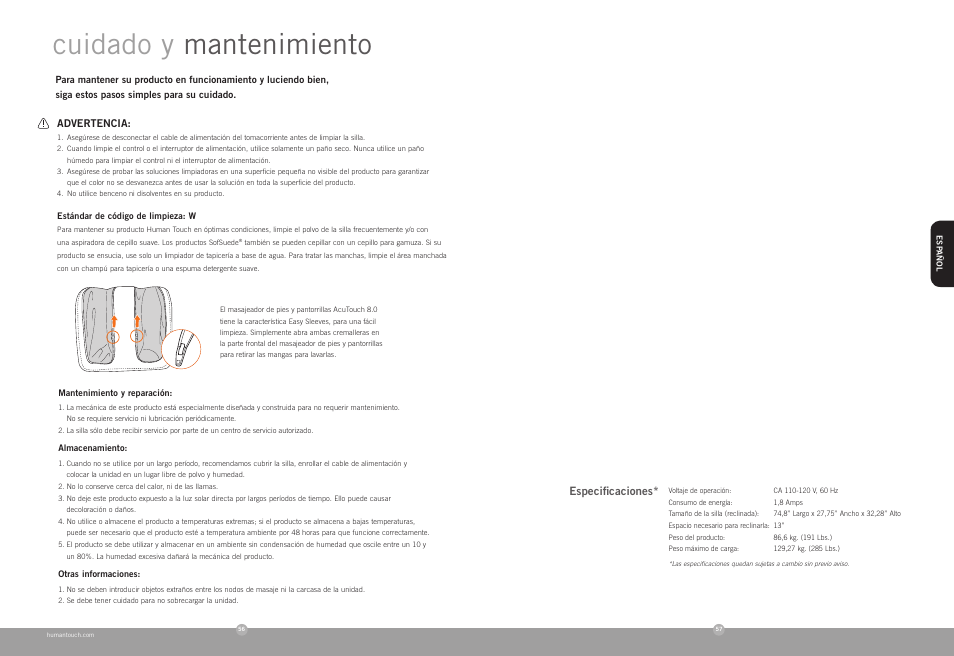 Cuidado y mantenimiento | Human Touch AcuTouch 8.0 Massage Chair User Manual | Page 30 / 30