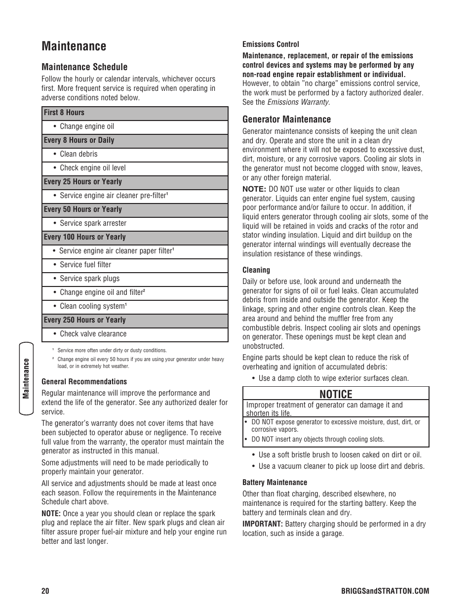 Maintenance, Notice, Maintenance schedule | Generator maintenance | Briggs & Stratton 204730GS User Manual | Page 20 / 96