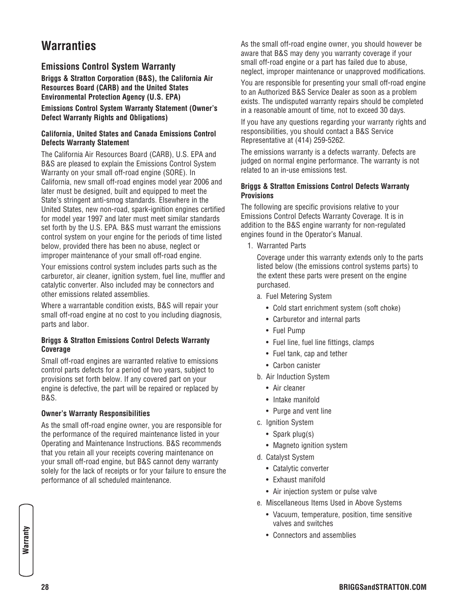 Warranties | Briggs & Stratton 204730GS User Manual | Page 28 / 96