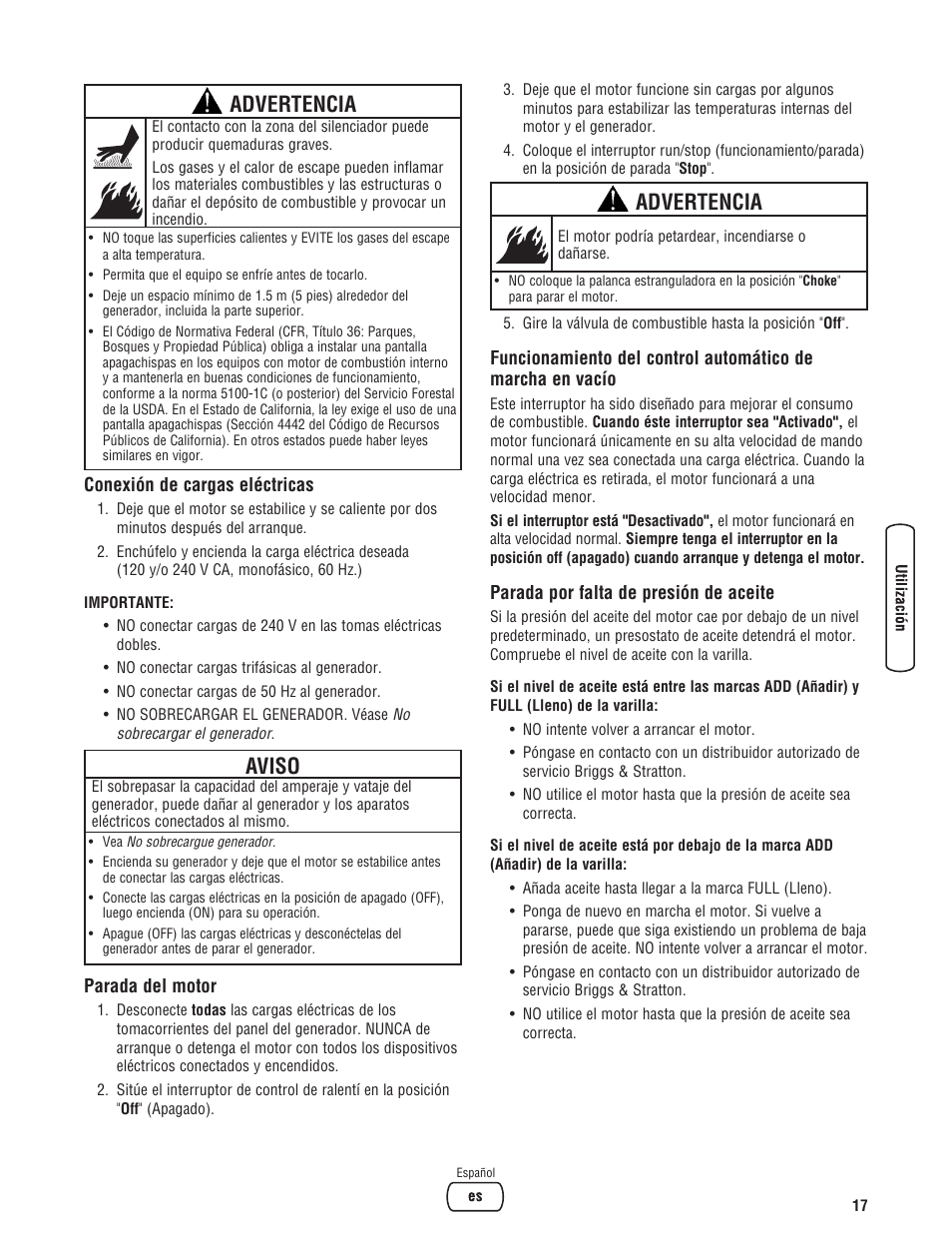 Advertencia, Aviso | Briggs & Stratton 204730GS User Manual | Page 49 / 96