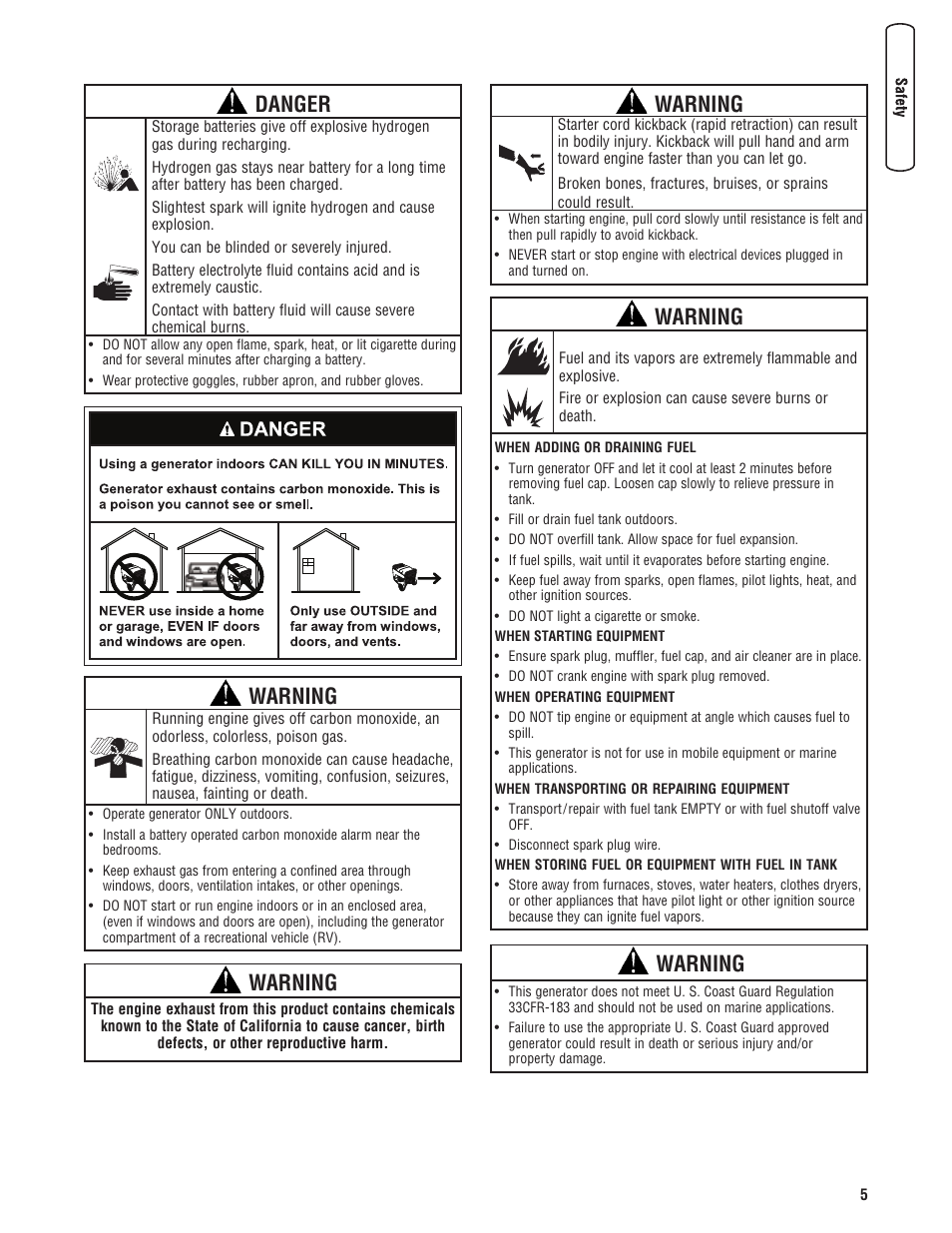 Warning, Danger | Briggs & Stratton 204730GS User Manual | Page 5 / 96