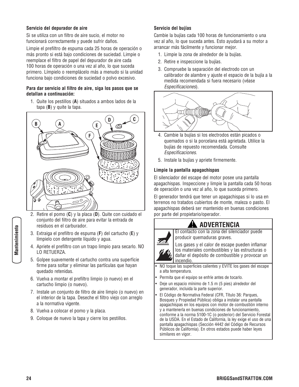 Storage, Advertencia | Briggs & Stratton 204730GS User Manual | Page 56 / 96