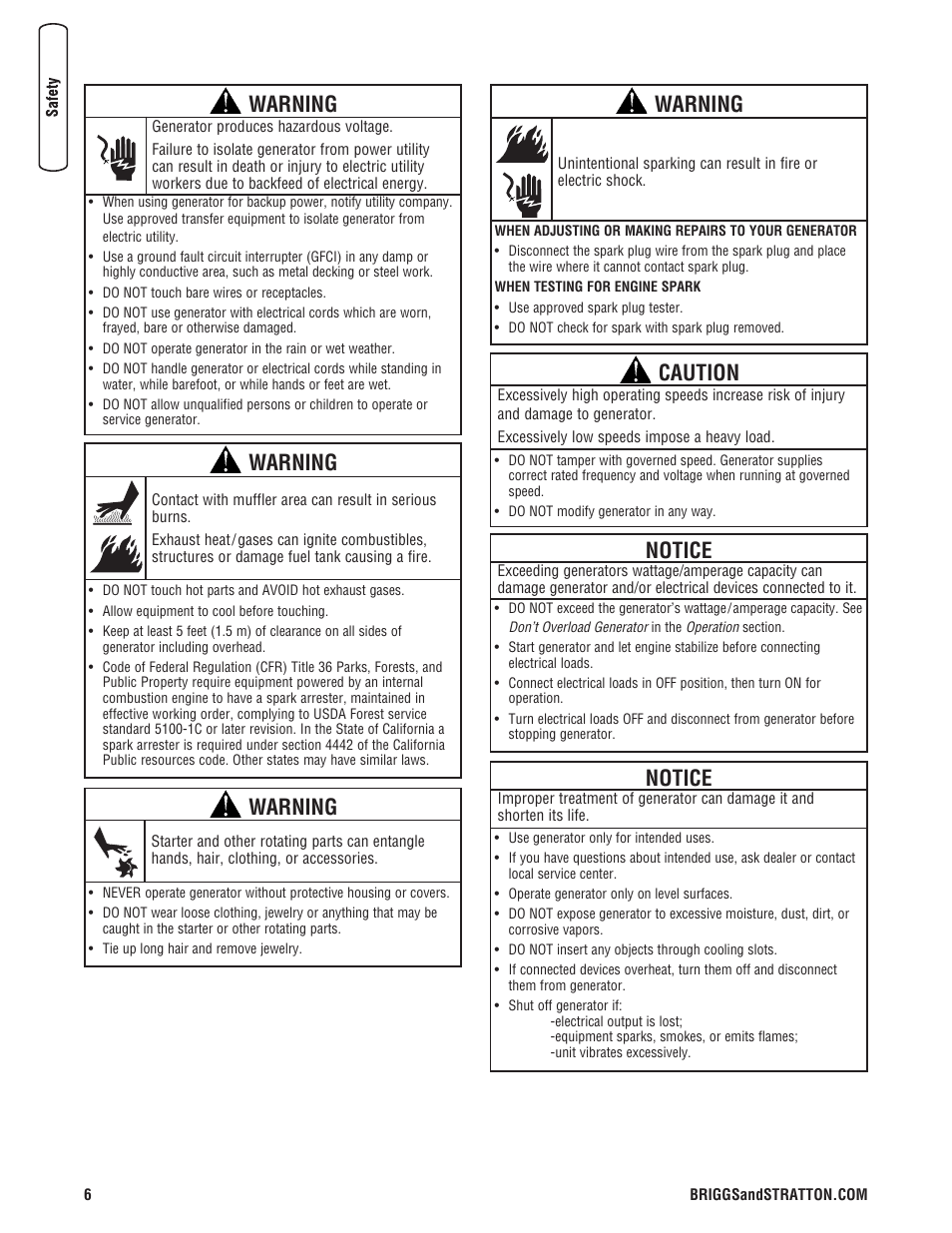 Warning, Caution, Notice | Briggs & Stratton 204730GS User Manual | Page 6 / 96