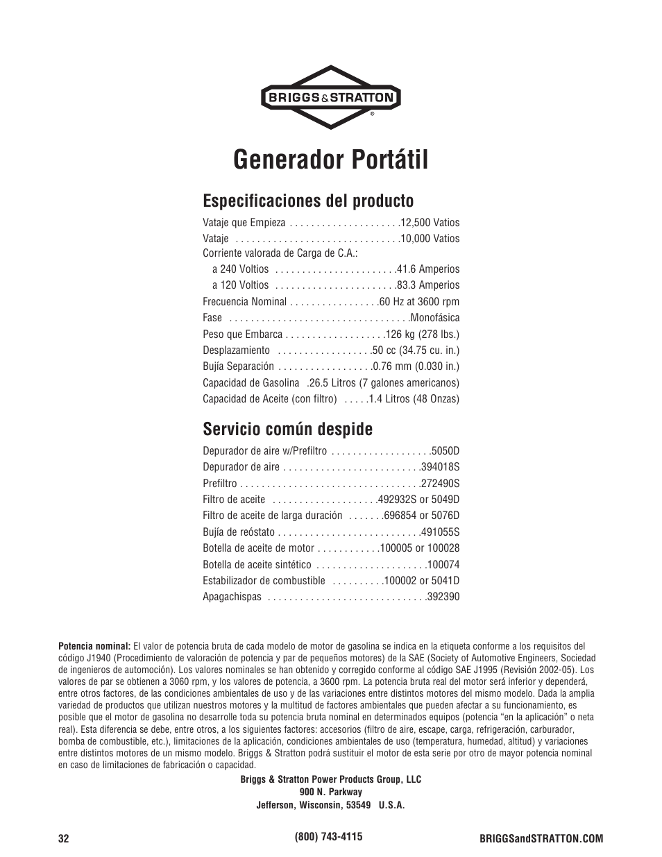 Generador portátil, Especificaciones del producto, Servicio común despide | Briggs & Stratton 204730GS User Manual | Page 64 / 96