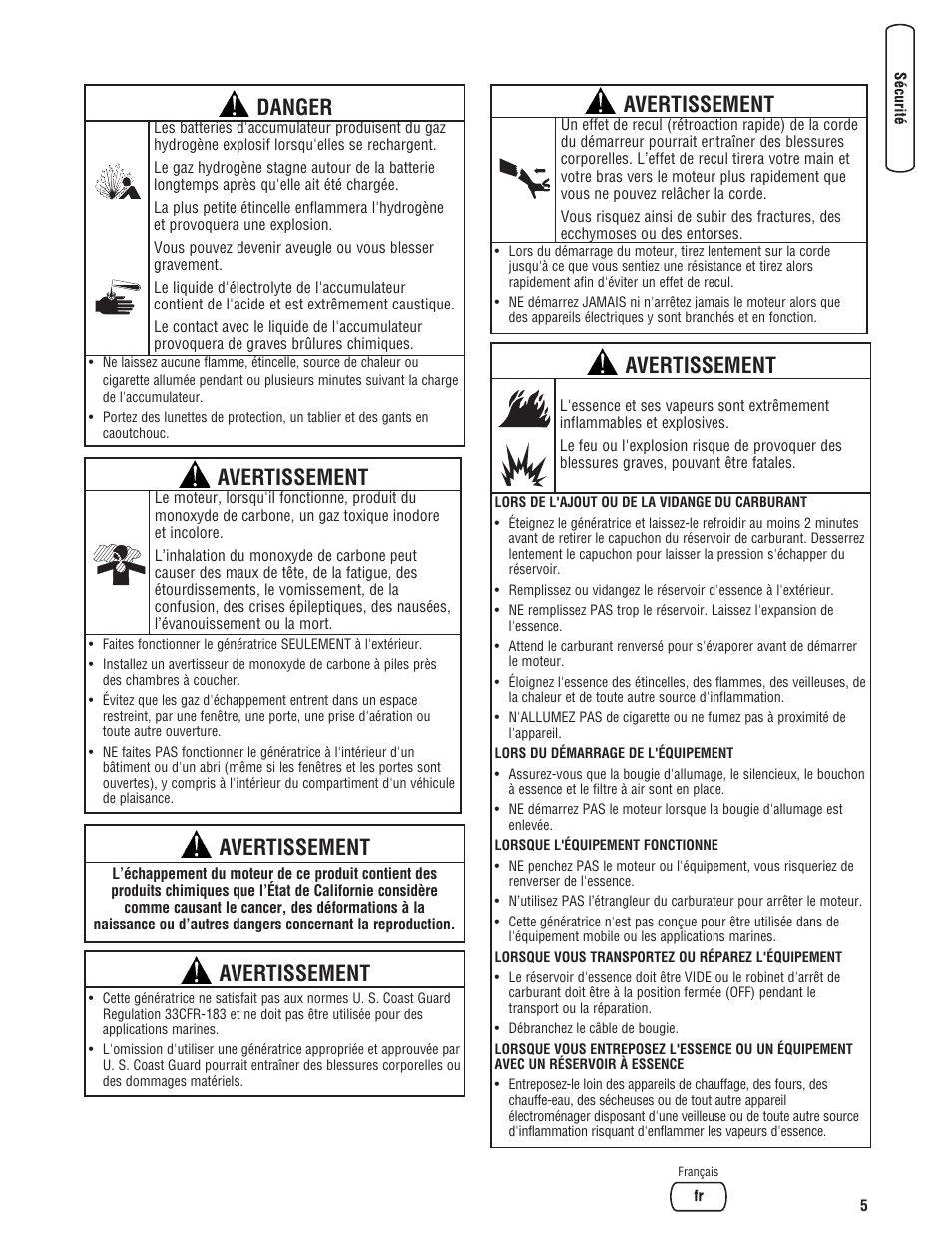 Avertissement, Danger | Briggs & Stratton 204730GS User Manual | Page 69 / 96