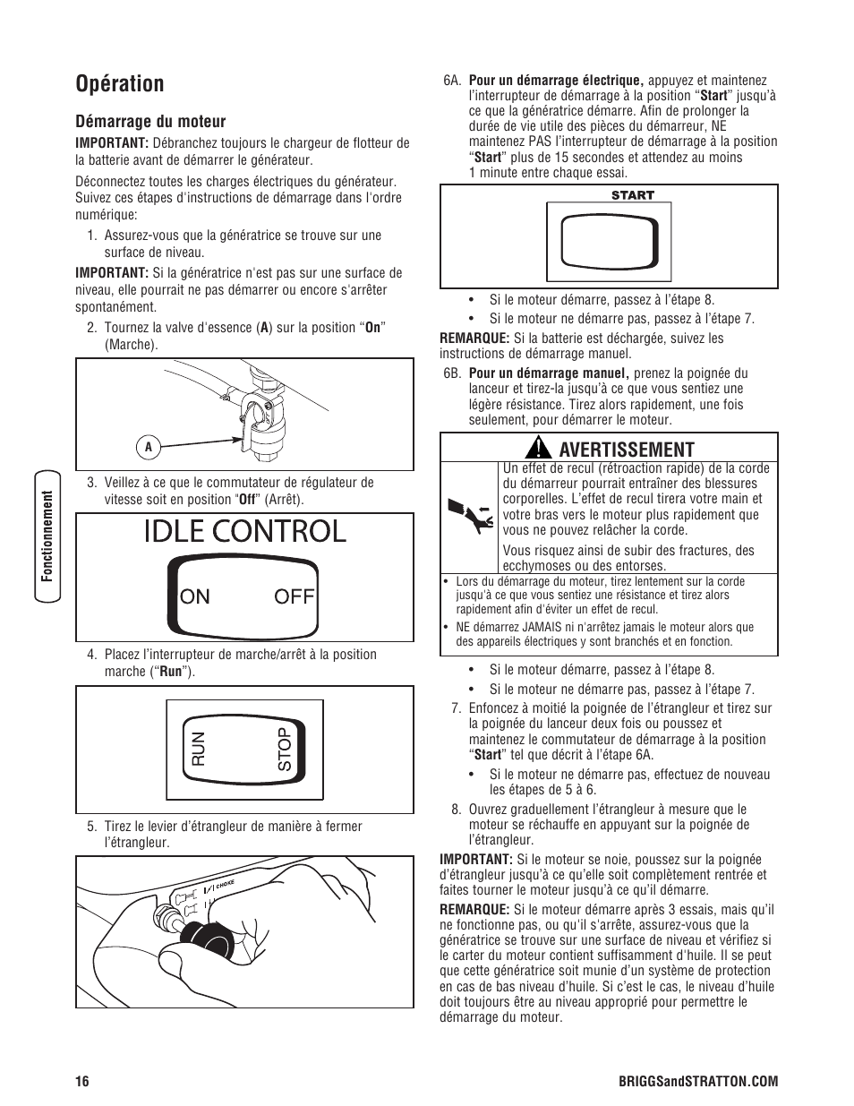 Opération, Avertissement | Briggs & Stratton 204730GS User Manual | Page 80 / 96