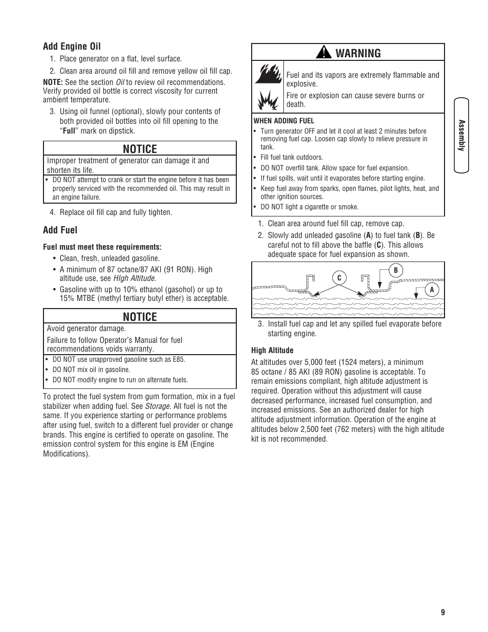 Notice, Warning | Briggs & Stratton 204730GS User Manual | Page 9 / 96