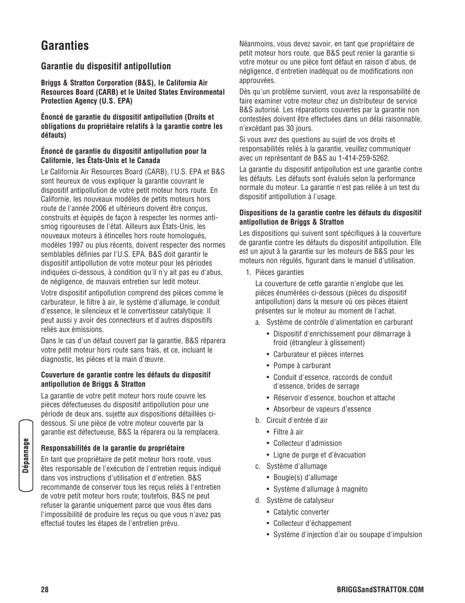 Garanties | Briggs & Stratton 204730GS User Manual | Page 92 / 96