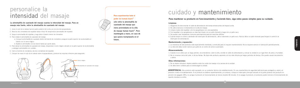 Cuidado y mantenimiento, Personalice la intensidad del masaje | Human Touch iJoy HT-2720 Robotic Massage Chair User Manual | Page 23 / 24