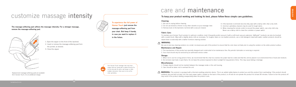 Customize massage intensity, Care and maintenance | Human Touch iJoy-2580 Robotic Massage Chair User Manual | Page 7 / 24