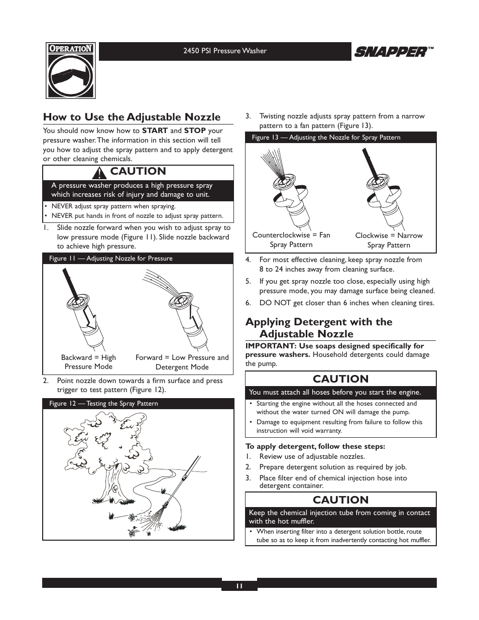 How to use the adjustable nozzle, Applying detergent with the adjustable nozzle, Caution | Briggs & Stratton 2450 PSI User Manual | Page 11 / 36