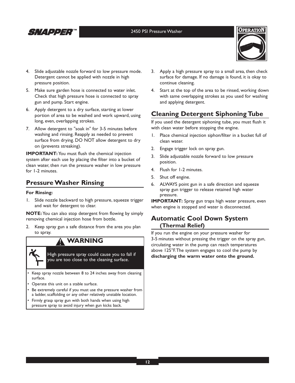 Pressure washer rinsing, Cleaning detergent siphoning tube, Automatic cool down system | Warning | Briggs & Stratton 2450 PSI User Manual | Page 12 / 36