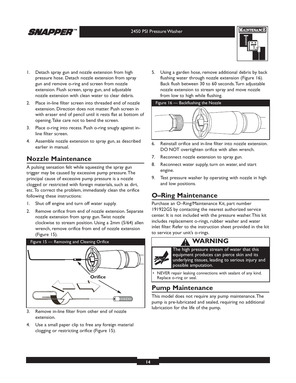 Nozzle maintenance, O–ring maintenance, Pump maintenance | Warning | Briggs & Stratton 2450 PSI User Manual | Page 14 / 36