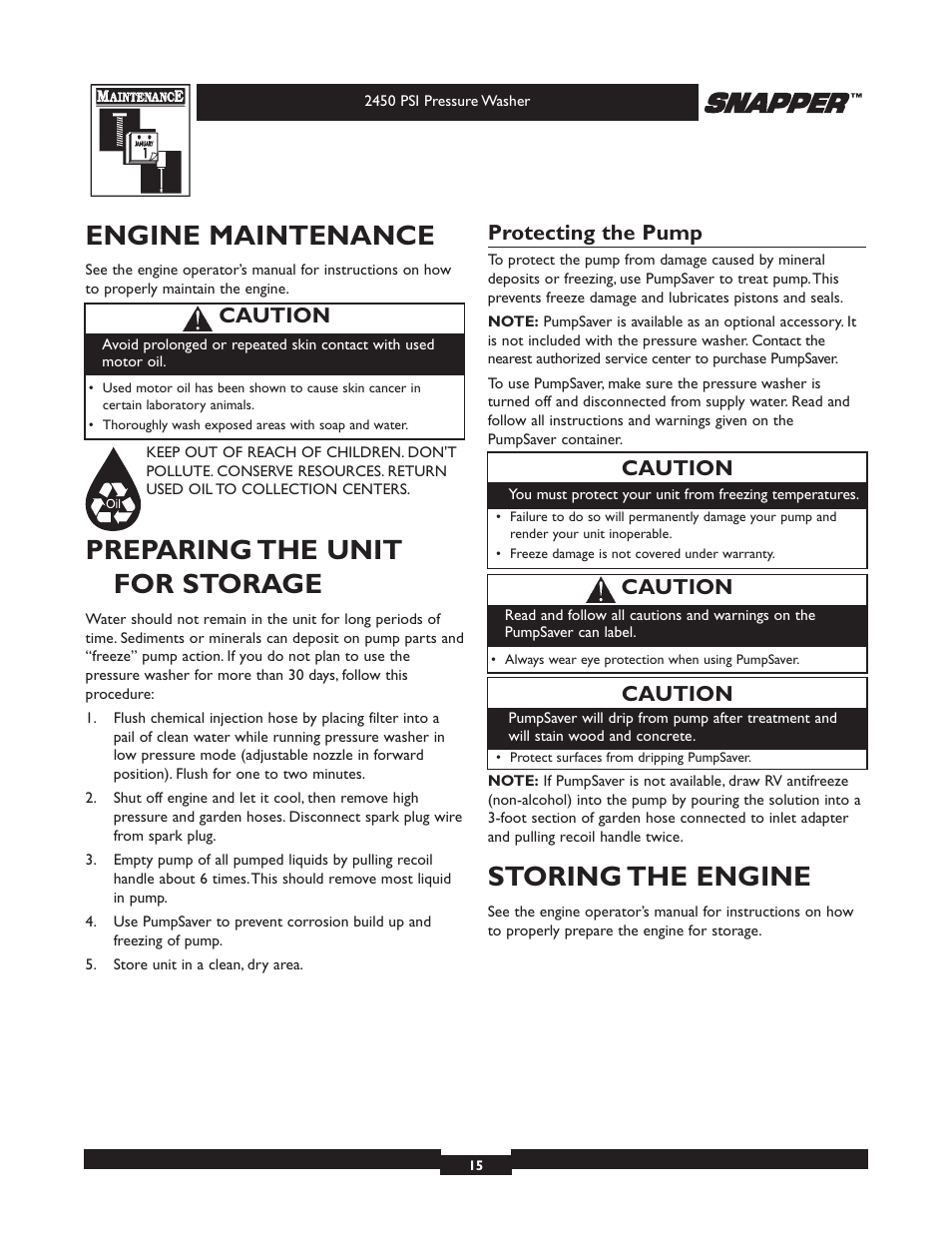 Engine maintenance, Preparing the unit for storage, Storing the engine | Protecting the pump, Caution | Briggs & Stratton 2450 PSI User Manual | Page 15 / 36