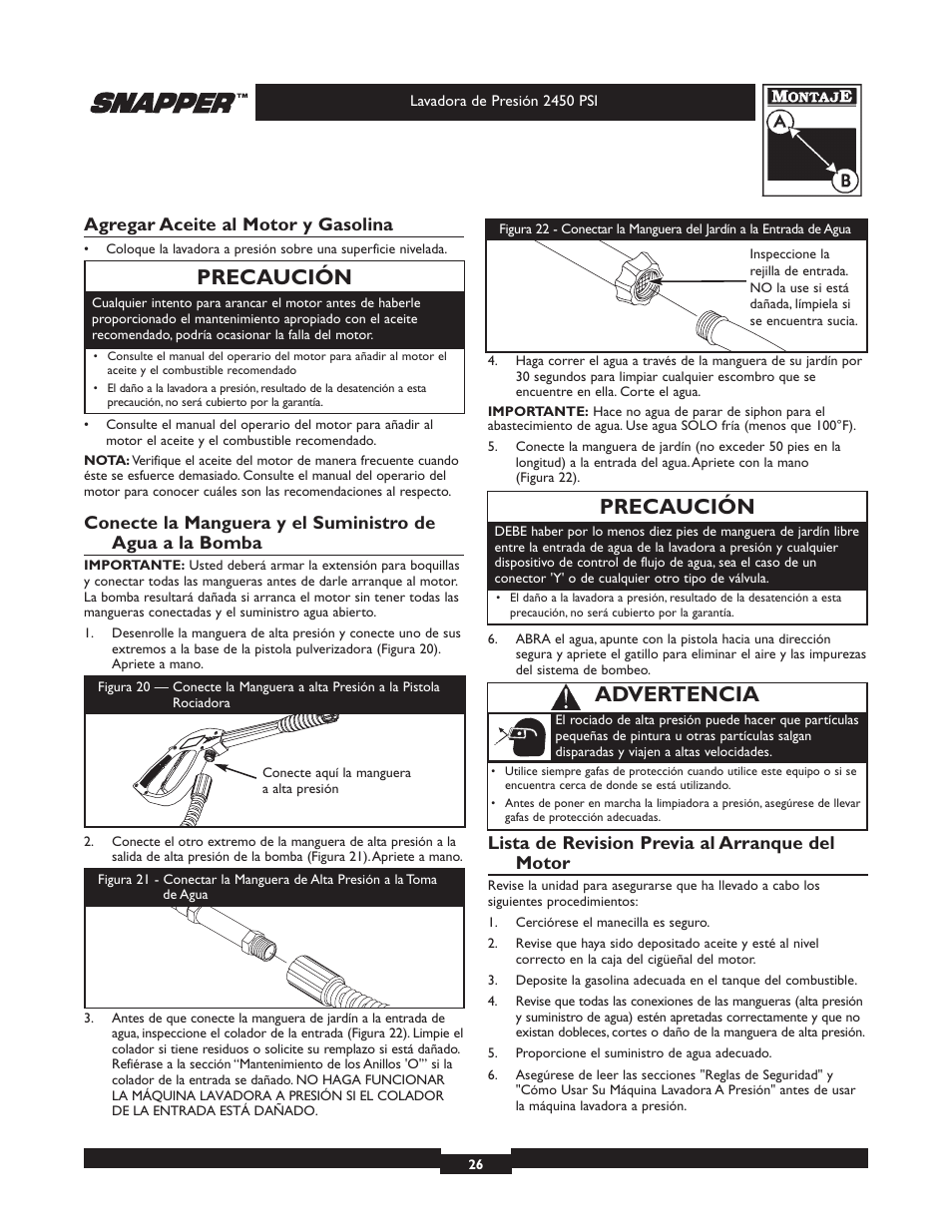 Precaución, Advertencia, Agregar aceite al motor y gasolina | Lista de revision previa al arranque del motor | Briggs & Stratton 2450 PSI User Manual | Page 26 / 36