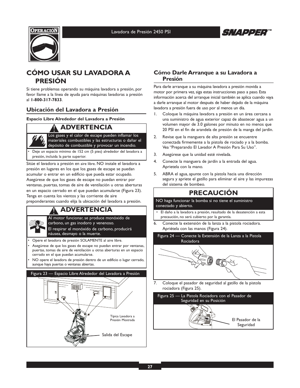 Cómo usar su lavadora a presión, Precaución, Advertencia | Ubicación del lavadora a presión, Cómo darle arranque a su lavadora a presión | Briggs & Stratton 2450 PSI User Manual | Page 27 / 36