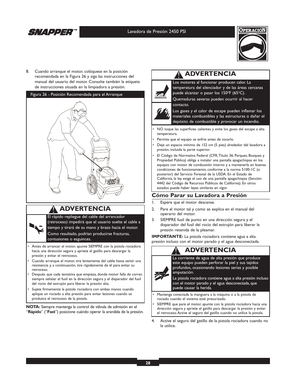 Advertencia, Cómo parar su lavadora a presión | Briggs & Stratton 2450 PSI User Manual | Page 28 / 36