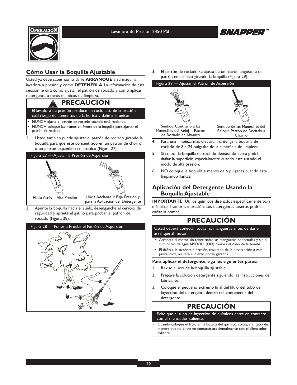 Precaución, Cómo usar la boquilla ajustable | Briggs & Stratton 2450 PSI User Manual | Page 29 / 36