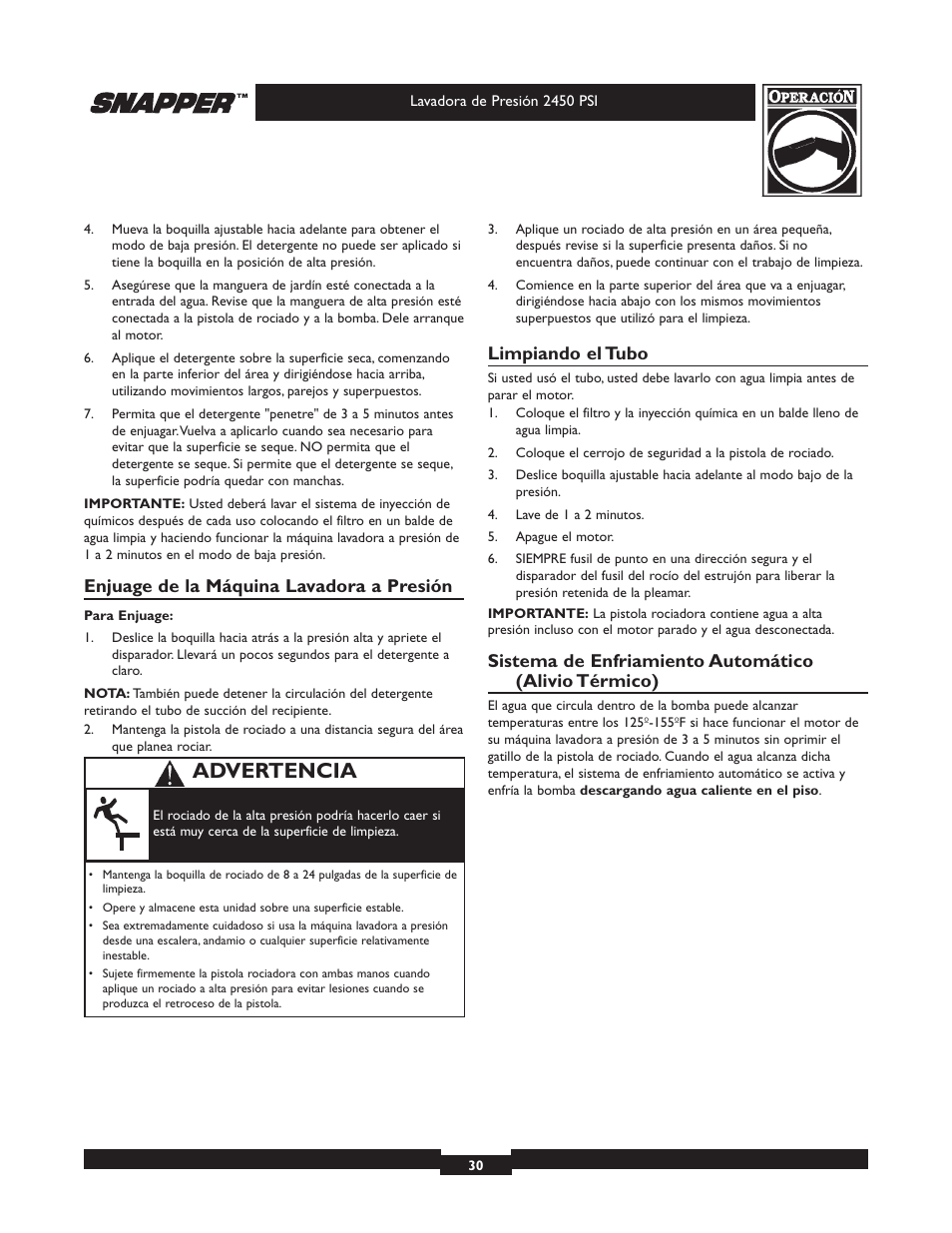 Advertencia, Enjuage de la máquina lavadora a presión, Limpiando el tubo | Briggs & Stratton 2450 PSI User Manual | Page 30 / 36