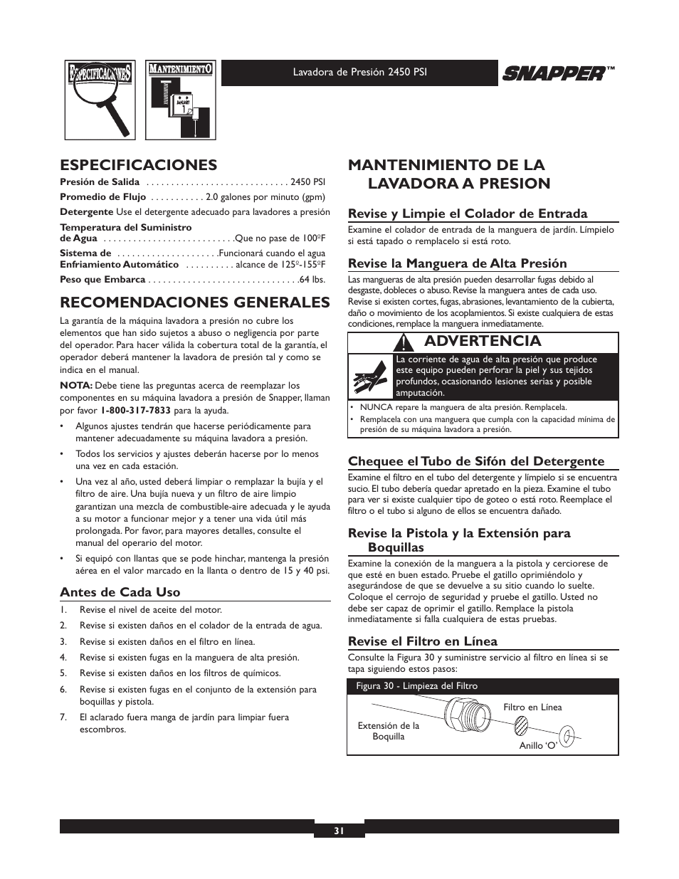 Especificaciones, Recomendaciones generales, Mantenimiento de la lavadora a presion | Advertencia | Briggs & Stratton 2450 PSI User Manual | Page 31 / 36