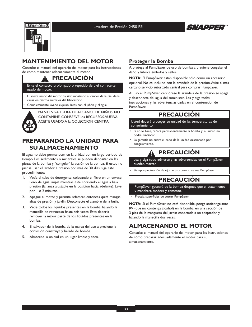 Mantenimiento del motor, Preparando la unidad para su almacenamiento, Almacenando el motor | Precaución | Briggs & Stratton 2450 PSI User Manual | Page 33 / 36