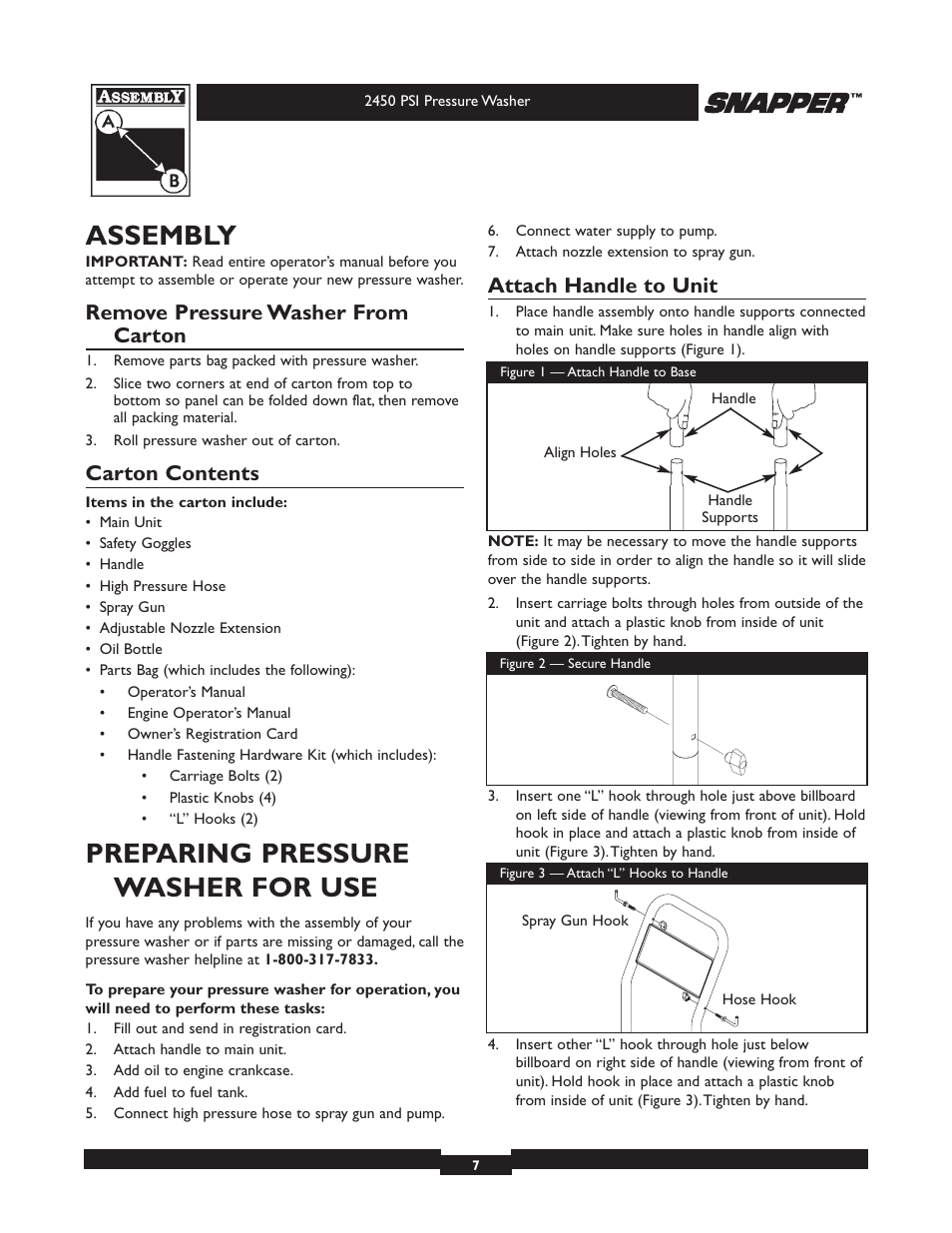 Assembly, Preparing pressure washer for use, Remove pressure washer from carton | Carton contents, Attach handle to unit | Briggs & Stratton 2450 PSI User Manual | Page 7 / 36
