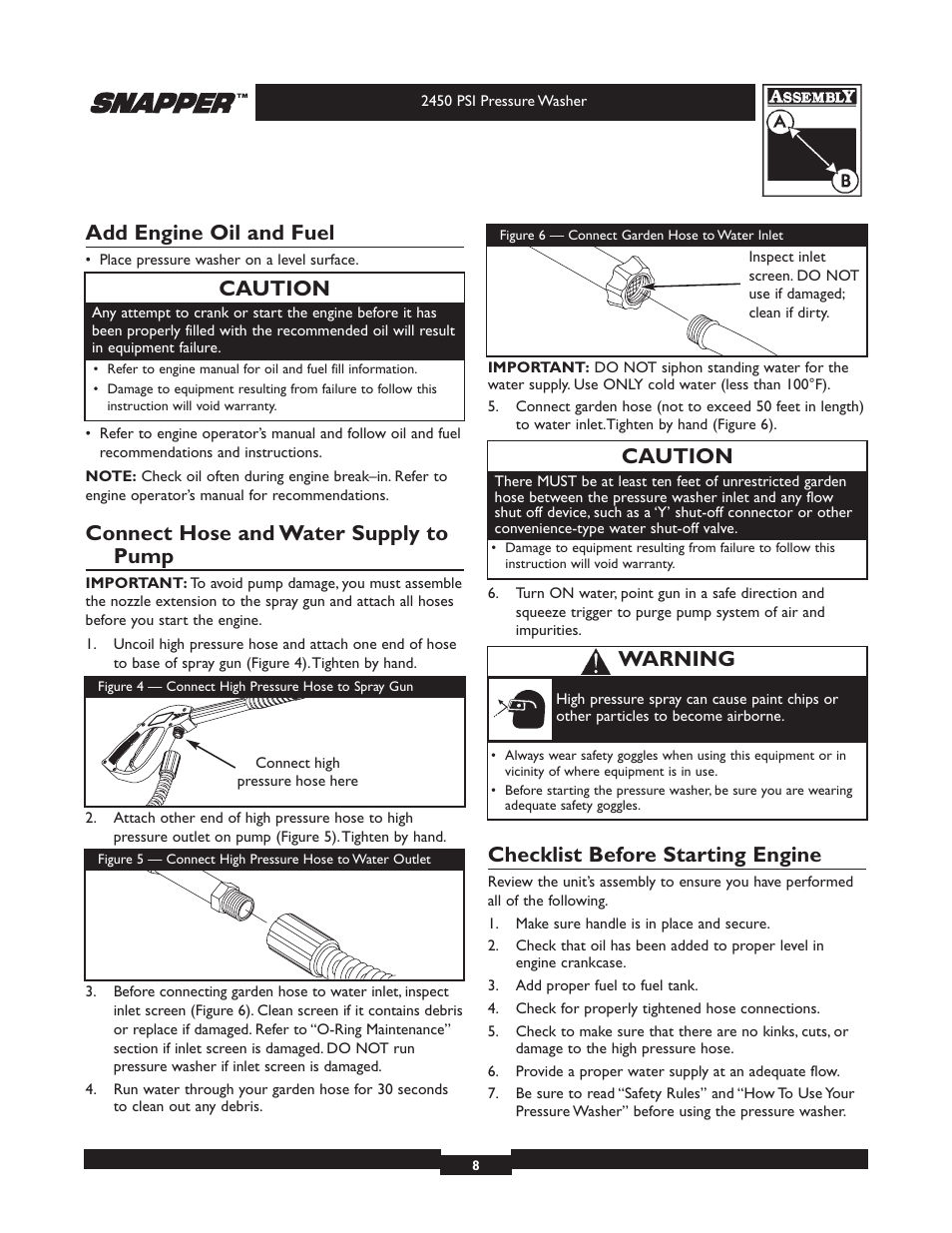 Add engine oil and fuel, Connect hose and water supply to pump, Checklist before starting engine | Caution, Warning | Briggs & Stratton 2450 PSI User Manual | Page 8 / 36