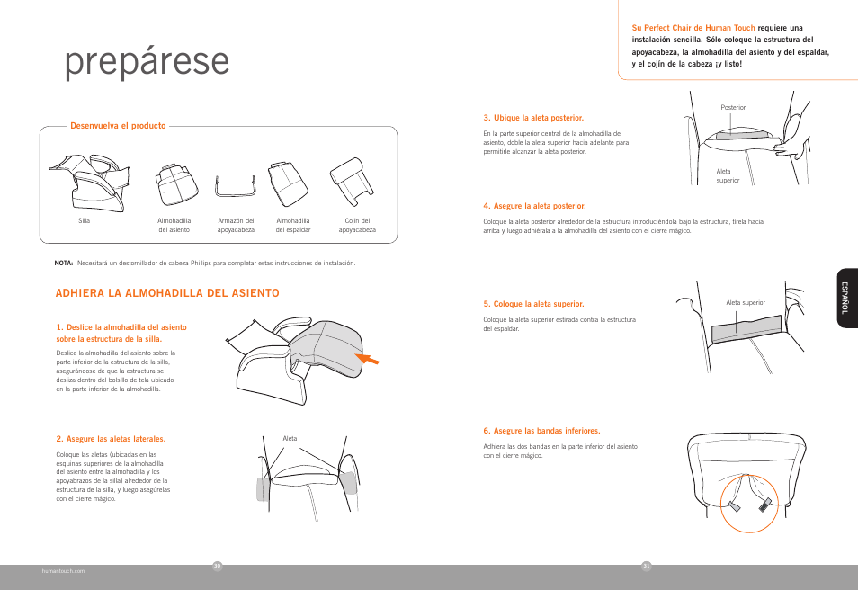 Prepárese, Adhiera la almohadilla del asiento | Human Touch PC-085 Perfect Chair User Manual | Page 17 / 20