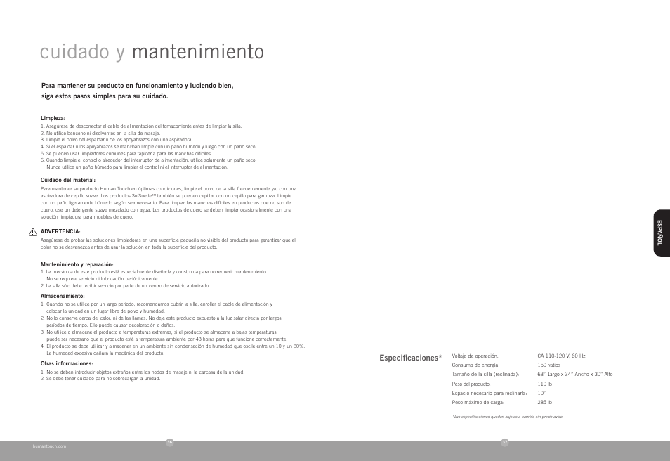 Cuidado y mantenimiento | Human Touch PC-085 Perfect Chair User Manual | Page 20 / 20