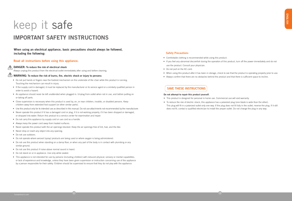 Keep it safe, Important safety instructions | Human Touch PC-085 Perfect Chair User Manual | Page 3 / 20